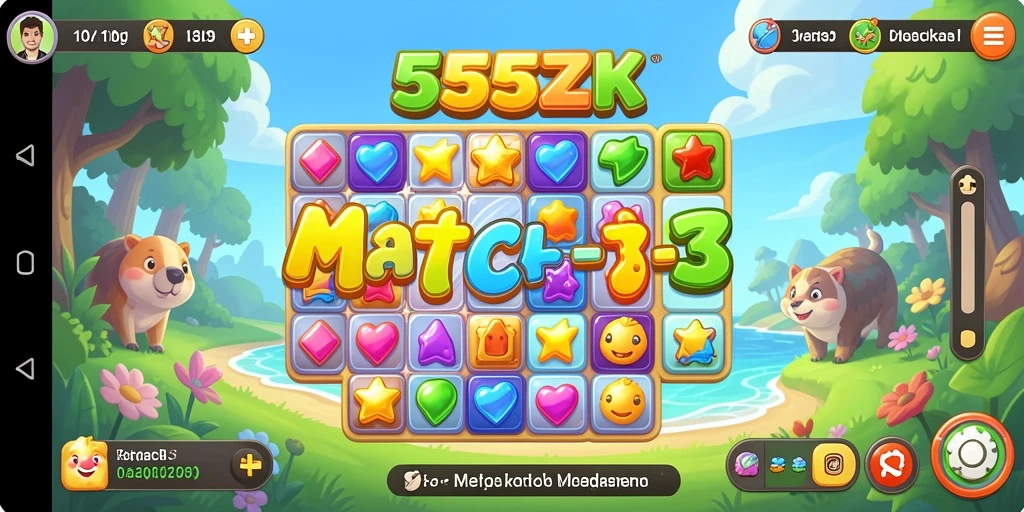 Screenshot gameplay 555ZK yang menampilkan momen mencocokkan item Match-3.