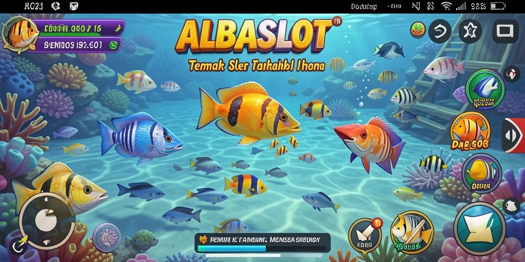 Gambar gameplay ALBASLOT menampilkan aksi menembak ikan yang seru.