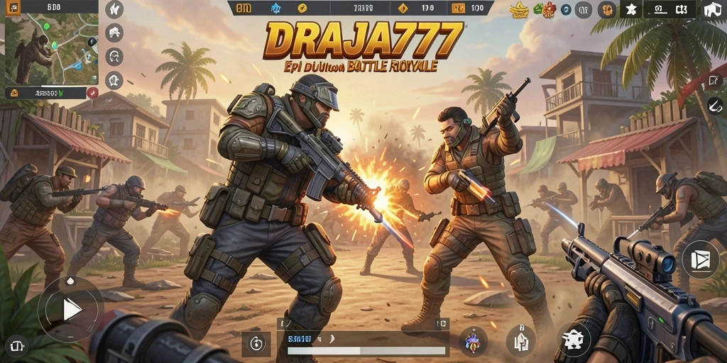 Gambaran aksi mendebarkan dalam DRAJA777 Battle Royale.