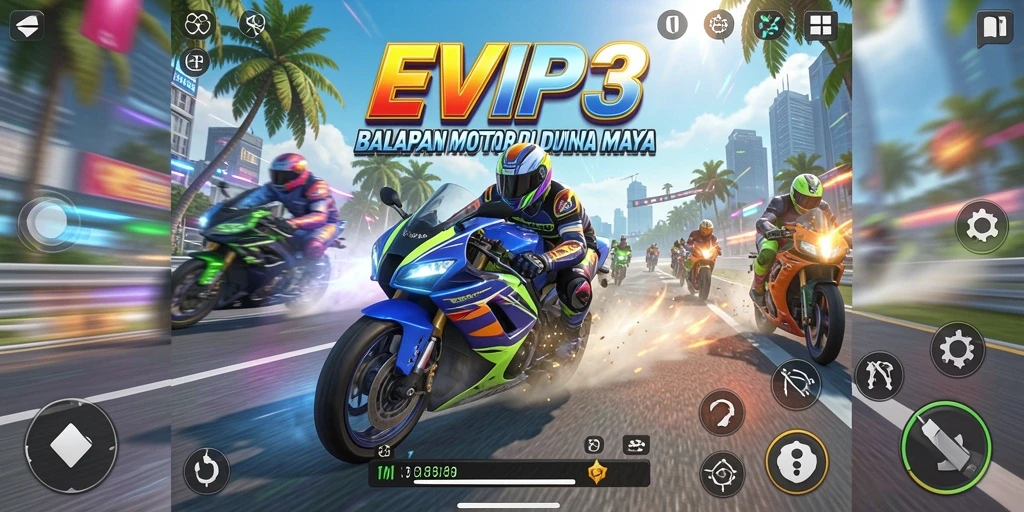 Tampilan gameplay menegangkan dari EVIP3 dalam balapan motor.