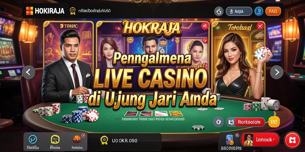 Ilustrasi gameplay HOKIRAJA dengan dealer langsung dan suasana kasino.