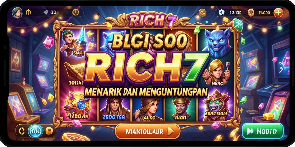 Screenshot utama RICH7 menampilkan gameplay slot yang seru dan interaktif.