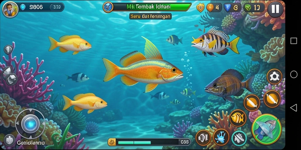Tangkapan layar utama S80 menampilkan aksi menembak ikan di bawah laut.