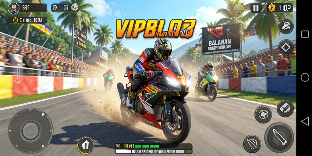 Screenshot utama menunjukkan aksi balapan motor yang mendebarkan.
